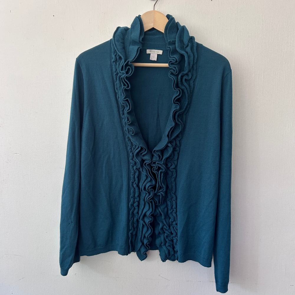Garnet Hill Cardigan Women Large Teal Ruffle Merino Wool Romantic Cottagecore